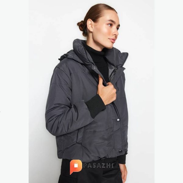 کاپشن کلاهدار ضدآب زنانه Trendyol Collection خاکستری - Image 4