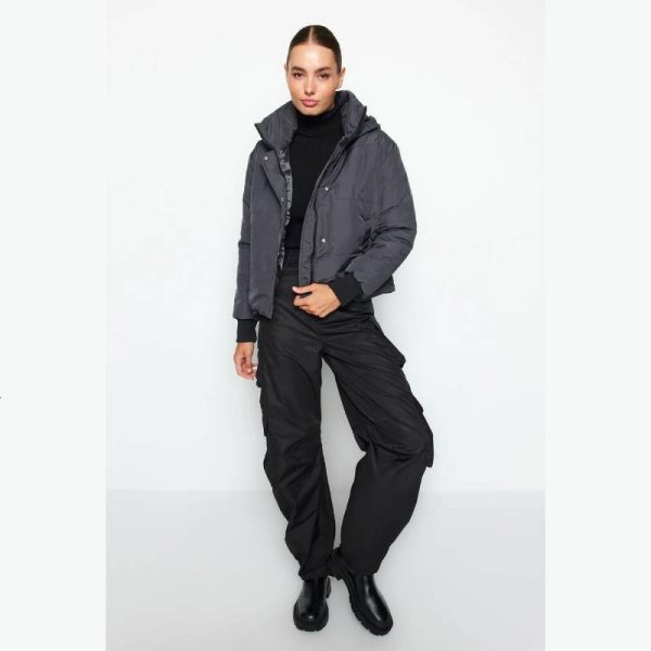 کاپشن کلاهدار ضدآب زنانه Trendyol Collection خاکستری - Image 5