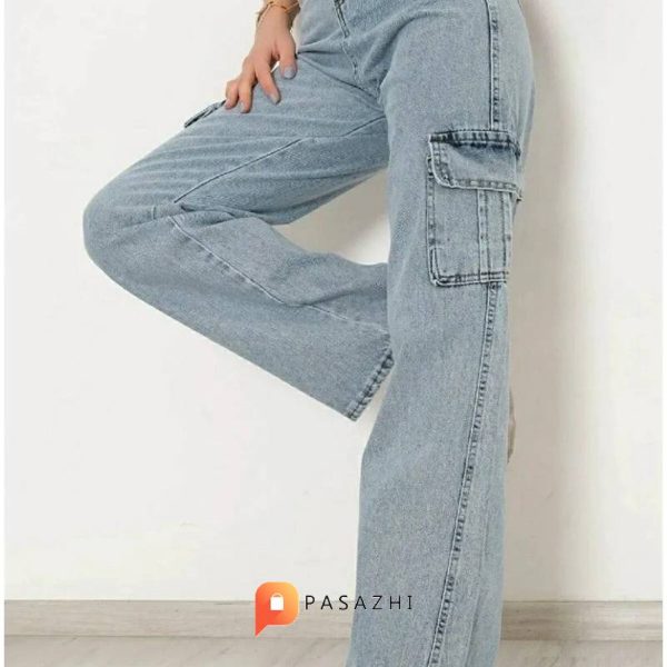 شلوار جین کارگو زنانه LAMİRA مدل Palazzo Wide Leg آبی - Image 4
