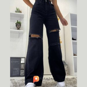 شلوار جین بگ زاپدار زنانه Trn JNS مدل Ripped Lycra Super مشکی
