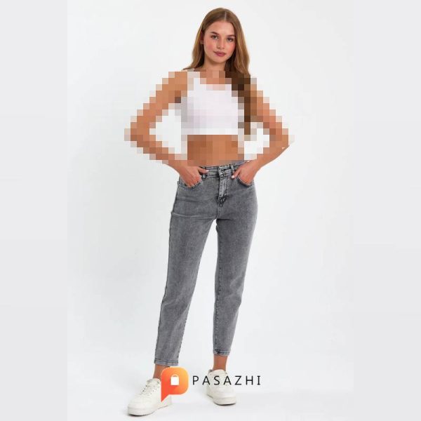 شلوار جین مام فاق بلند زنانه LAMİRA مدل Lycra Snow طوسی - Image 4