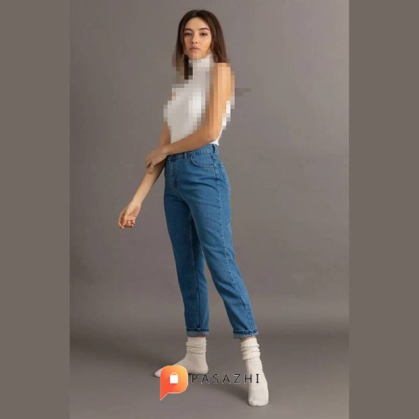 شلوار جین مام فاق بلند زنانه LAMİRA مدل Lycra Mom آبی