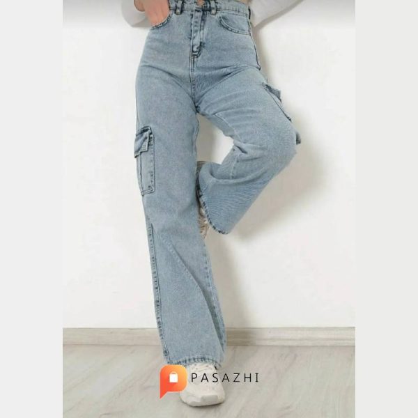 شلوار جین کارگو زنانه LAMİRA مدل Palazzo Wide Leg آبی - Image 5
