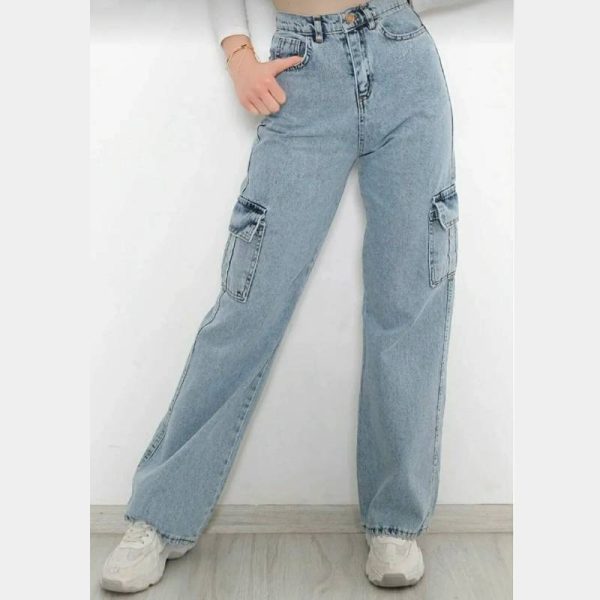 شلوار جین کارگو زنانه LAMİRA مدل Palazzo Wide Leg آبی - Image 3